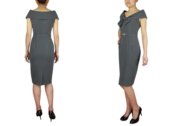 Bow Collar Pencil Dress, grey